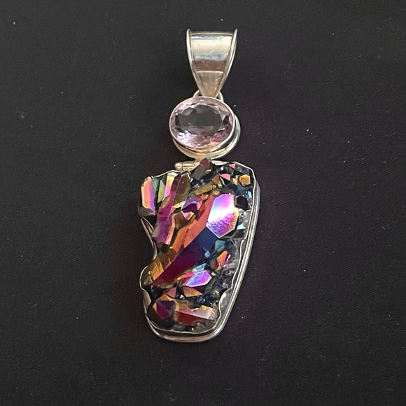 Sterling Silver Titanium rainbow natural crystal geode quartz amethyst pendant - Picture 3 of 8